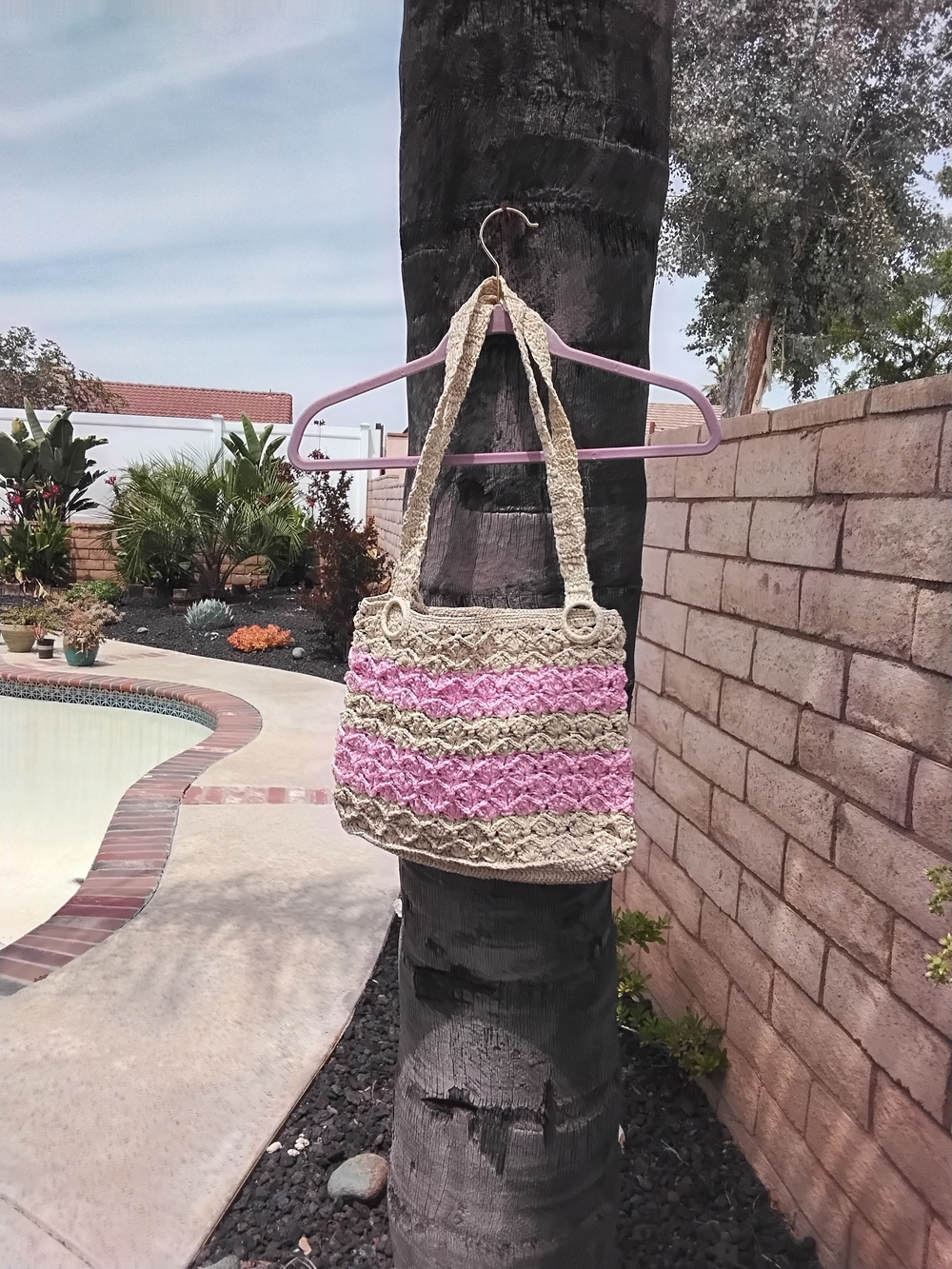 Source Unknown Pink & Natural Crochet Shoulder Bag